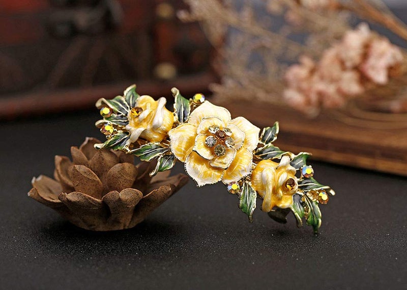 Fodattm Women Lady Vintage Exquisite Flower French Hair Barrette Metal Hairpin Rhinestone Spring Hair Clip Bridal Wedding Crystal Hair Clasps (Yellow) - Image 2